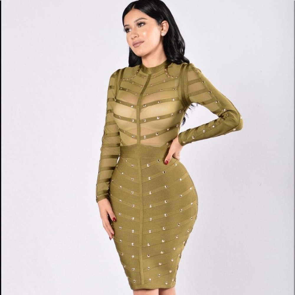 MESH STUDDED LONG SLEEVE BANDAGE DRESS olive green